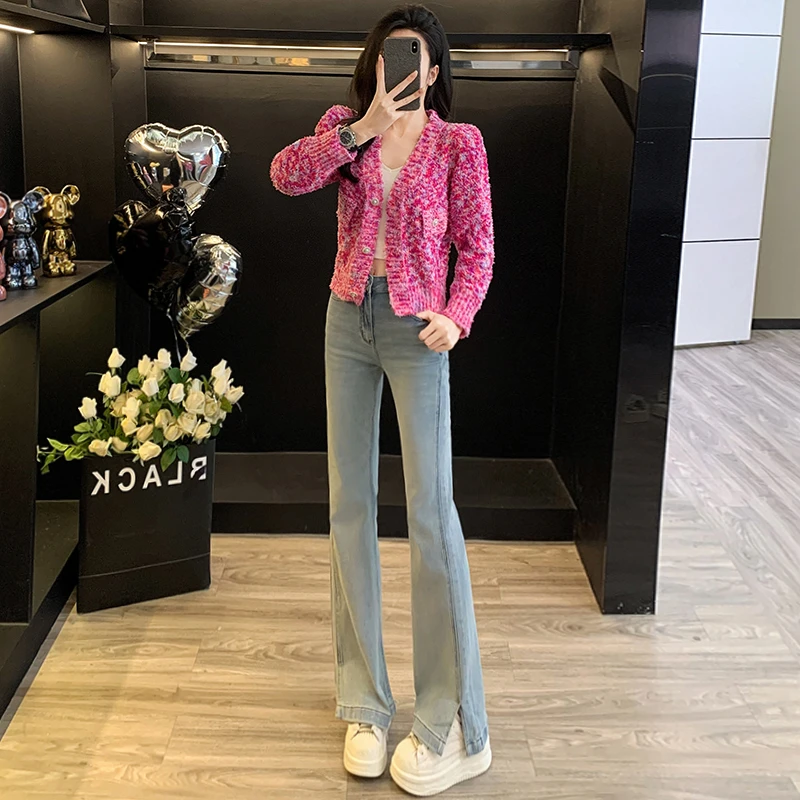 轻熟御姐时尚套装女2025秋季小香风针织开衫外套牛仔喇叭裤两件套