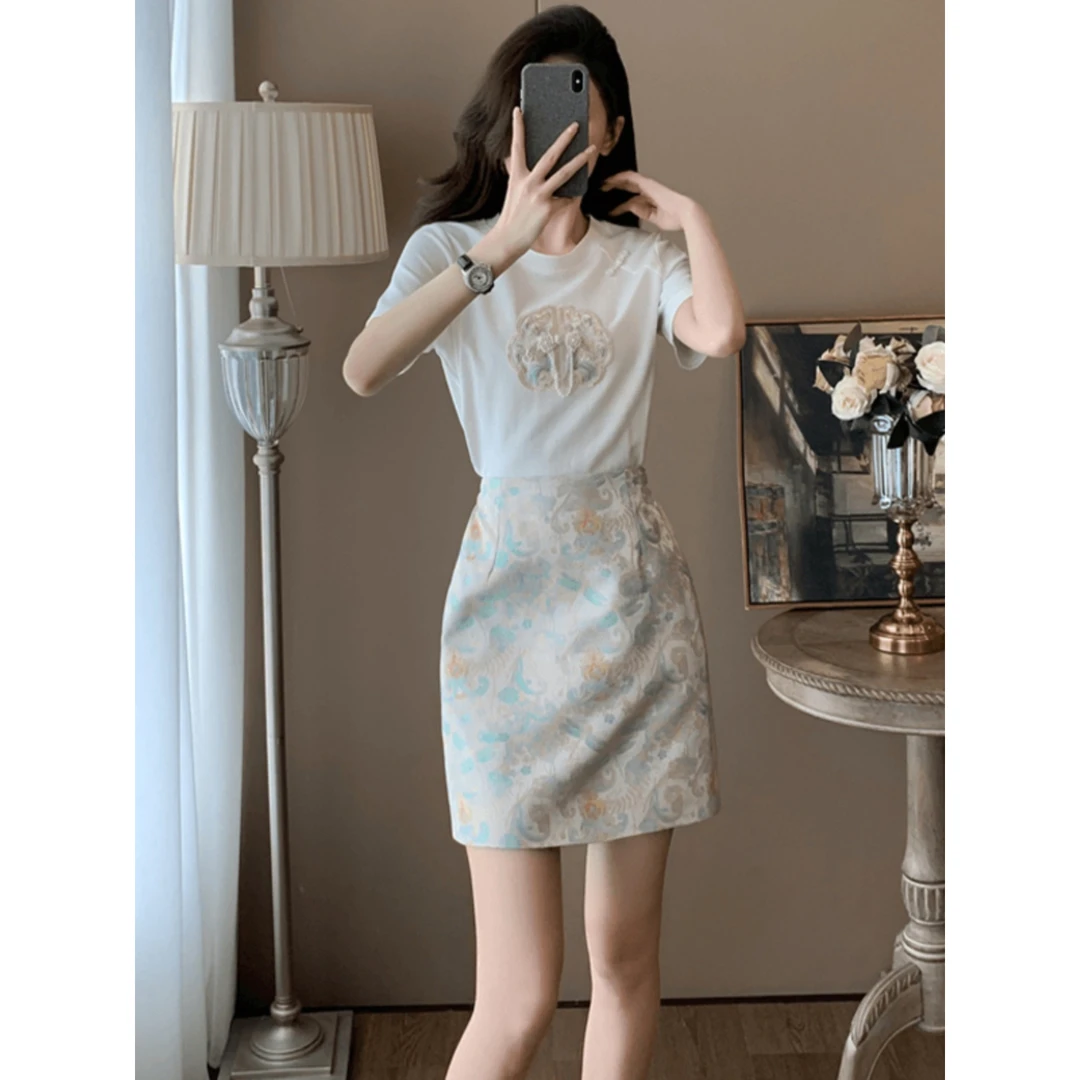 白色国风短袖T恤高级感短裙两件套女2025夏季新款气质穿搭一整套
