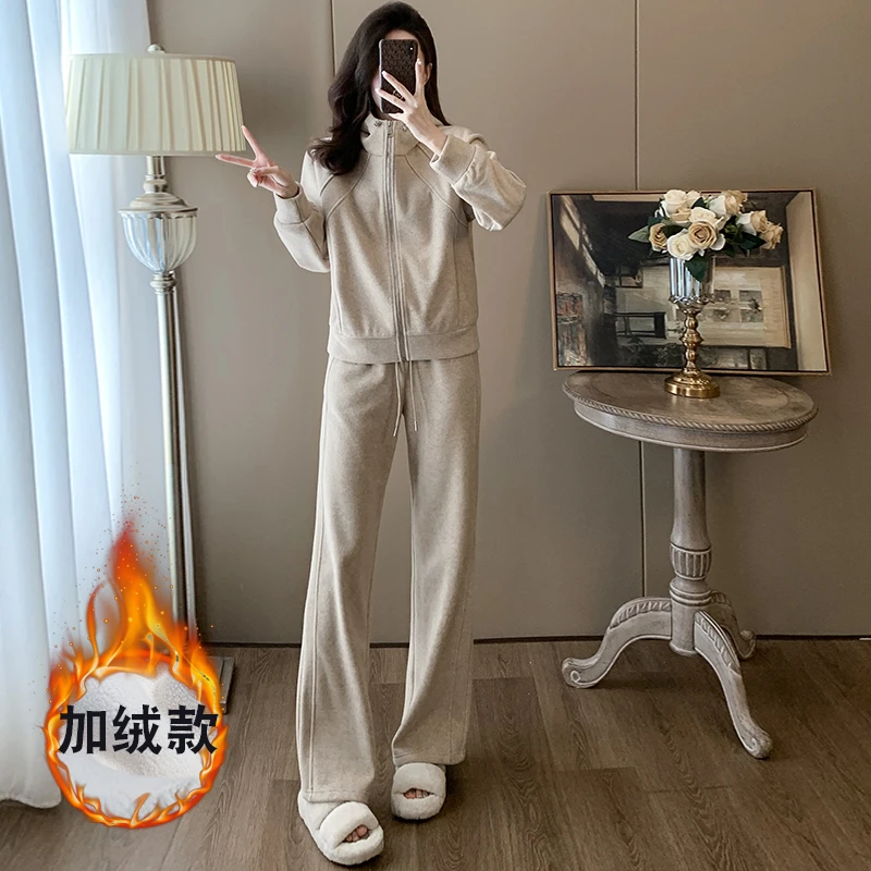 港风复古休闲运动套装女冬季懒惰风加绒加厚拉链外套阔腿裤两件套