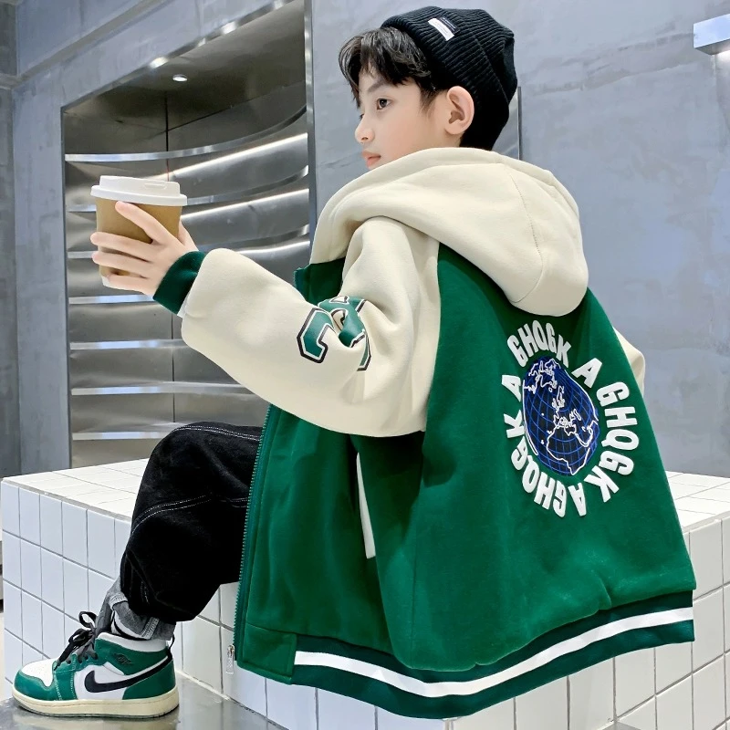 男童冬装夹棉加绒外套2025新款儿童衣服男孩冬季中大童棒球服棉衣