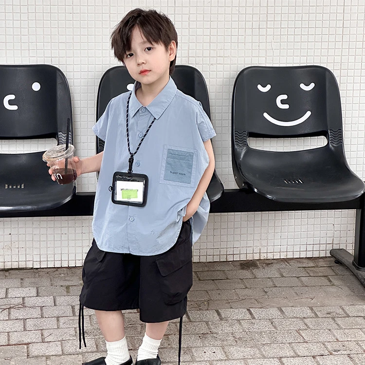 男童短袖衬衫夏装2024新款韩版儿童洋气衬衣小男孩宽松上衣无袖