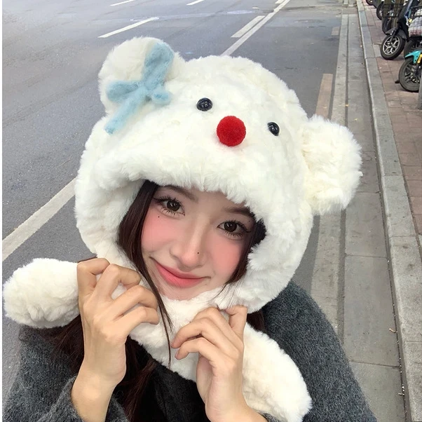 【吖比】蝴蝶结小熊加厚秋冬帽围脖一体护耳帽可爱百搭驾车个人用品