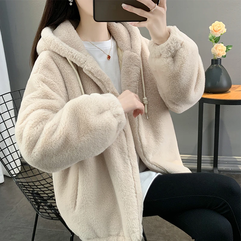 韩版休闲宽松连帽棉衣加厚毛毛外套毛绒绒外套女棉服003/AT