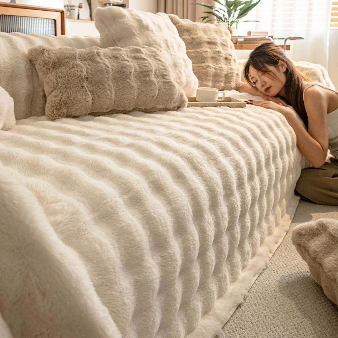 山漫雪仿兔绒毛茸网红沙发盖布巾防滑全包沙发套罩秋冬防滑坐垫毯