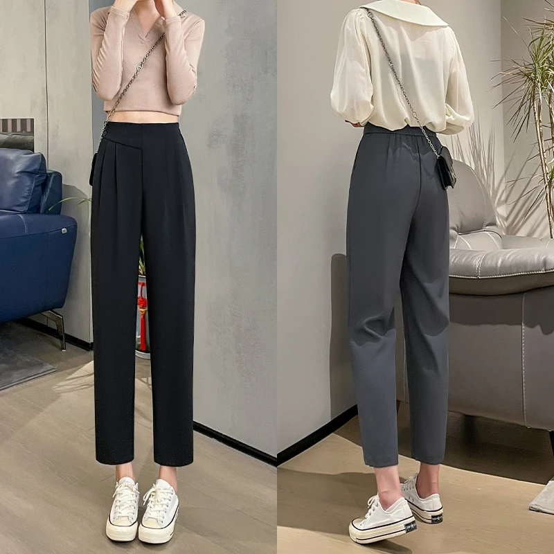 青春对白松紧腰西装裤女2025新款春季窄版小脚垂感休闲黑色萝卜裤