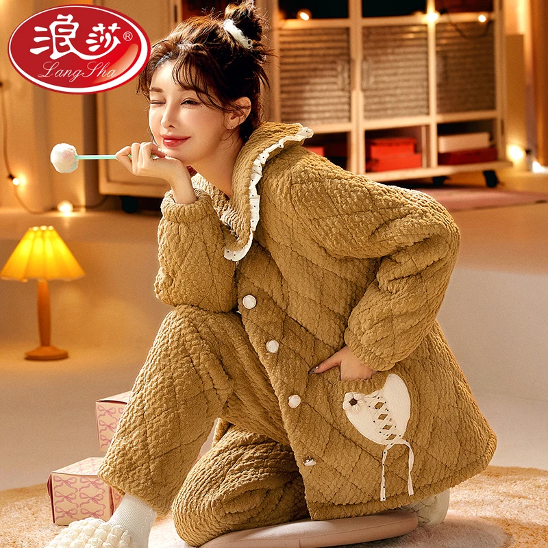 浪莎女士睡衣冬季爆款三层夹棉加厚加绒可外穿家居服XEQN3356卡其