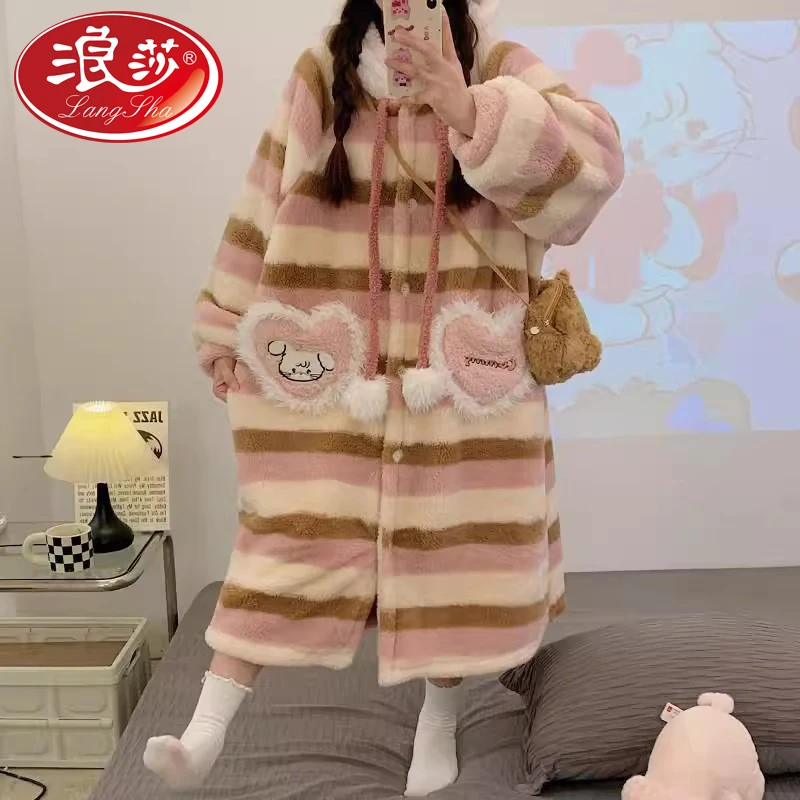 浪莎睡衣女三层夹棉睡袍套装珊瑚绒加绒加厚法兰绒保暖家居服套装