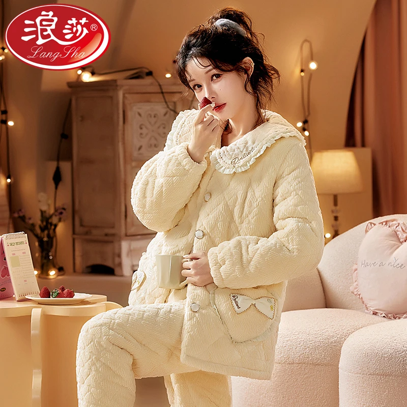 浪莎睡衣女冬全新三层夹棉加厚加绒可外穿爆款家居服XEQN3340米白