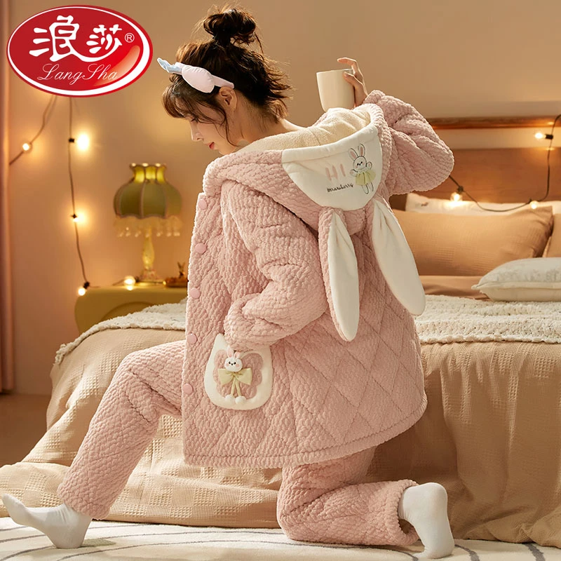 浪莎睡衣冬季女珊瑚绒三层夹棉加厚加绒套装法兰绒保暖家居服9916