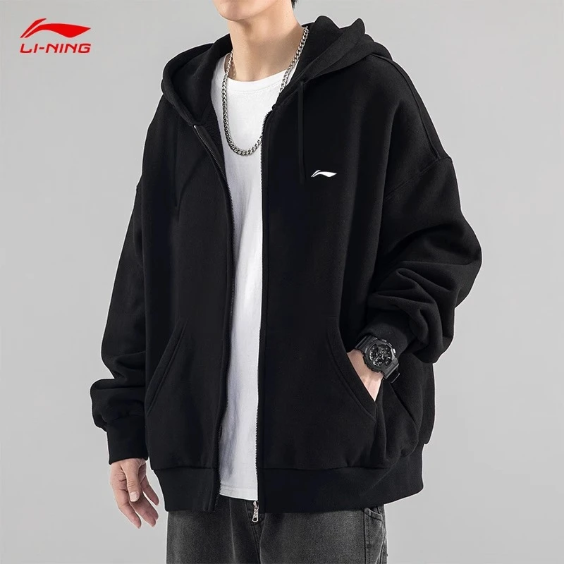 李宁加绒外套男秋冬款黑色连帽开衫卫衣运动百搭宽松大码休闲上衣