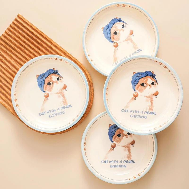 气质猫家用陶瓷菜盘卡通风釉下彩创意圆菜盘8英寸深盘高颜值餐具