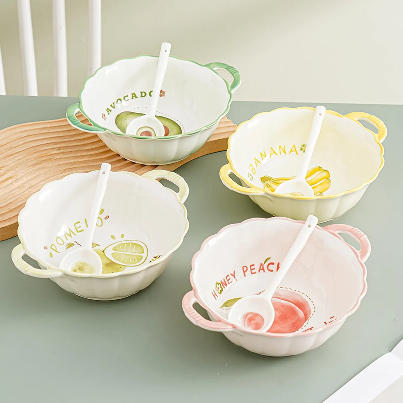 【2大汤碗2勺】可爱水果家族双耳汤碗家用陶瓷大汤碗沙拉碗泡面碗