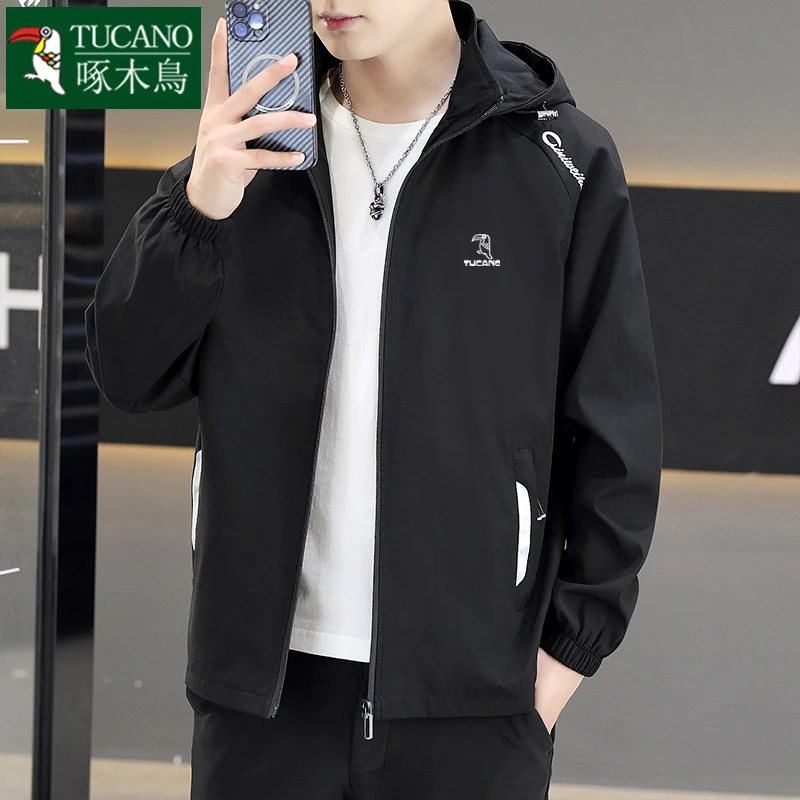 啄木鳥男士外套2025新款秋季韩版连帽休闲潮流上衣加绒风衣夹克男