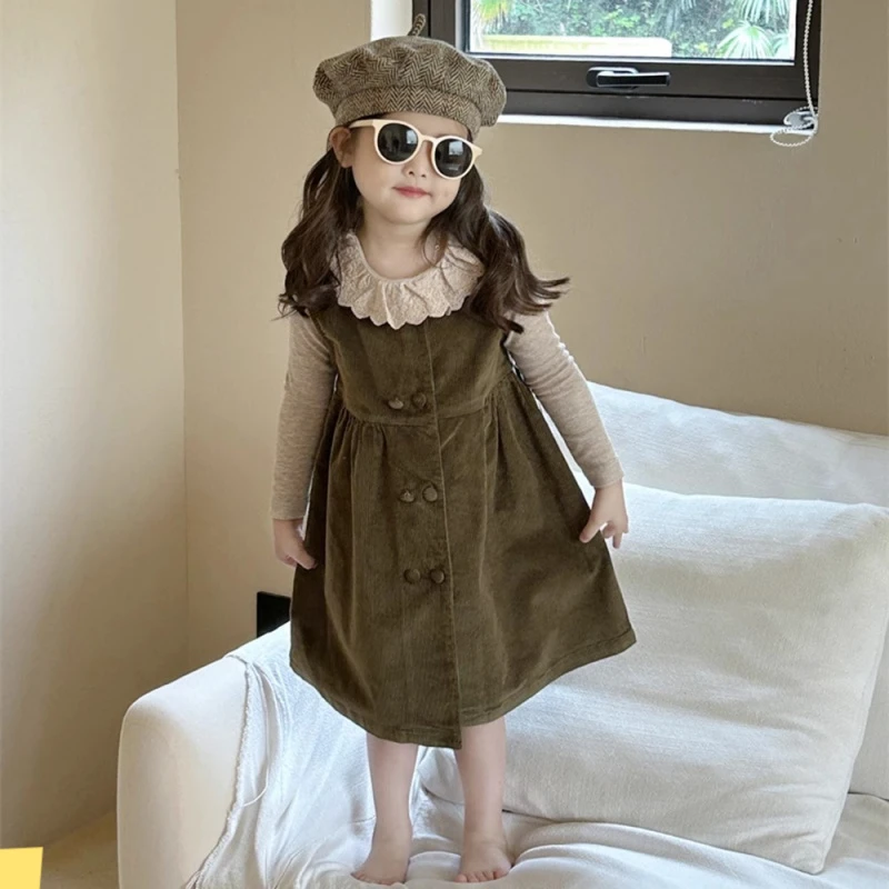 女童套装韩版灯芯绒背心连衣裙洋气儿童花边领打底衣宝宝两件套潮