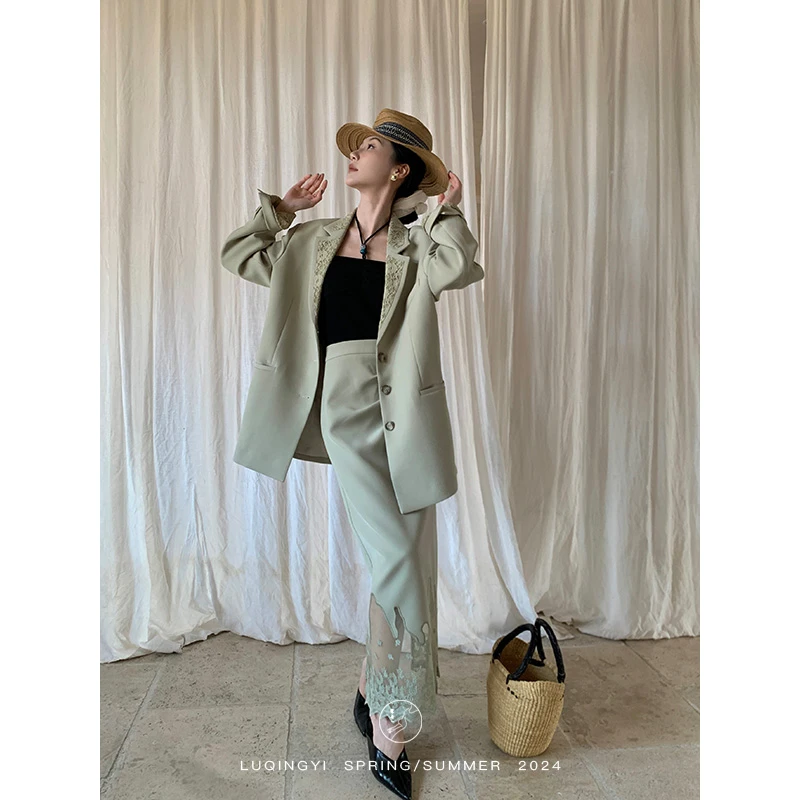 鹭青一原创【白云乡】斜纹西装外套女春秋蕾丝拼接领西服L24X7133B