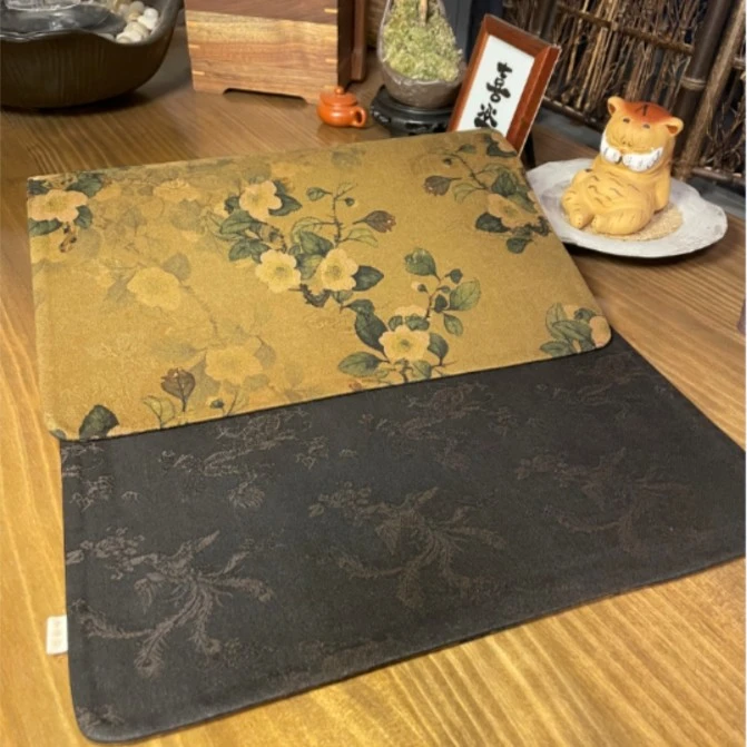 欣禅居高档复古中国风茶垫透气茶席【山茶花】双面香云纱吸水干泡垫