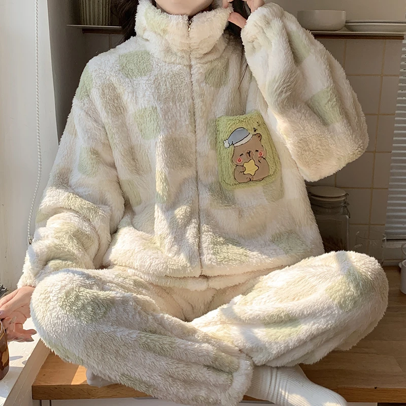 韩版少女ins风长袖加厚保暖睡衣秋冬季新款高领拉链外套居家套装