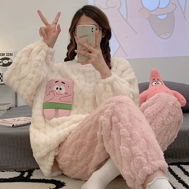 可爱派大星圆领长袖睡衣女生加厚保暖加绒珊瑚绒长毛绒家居服套装