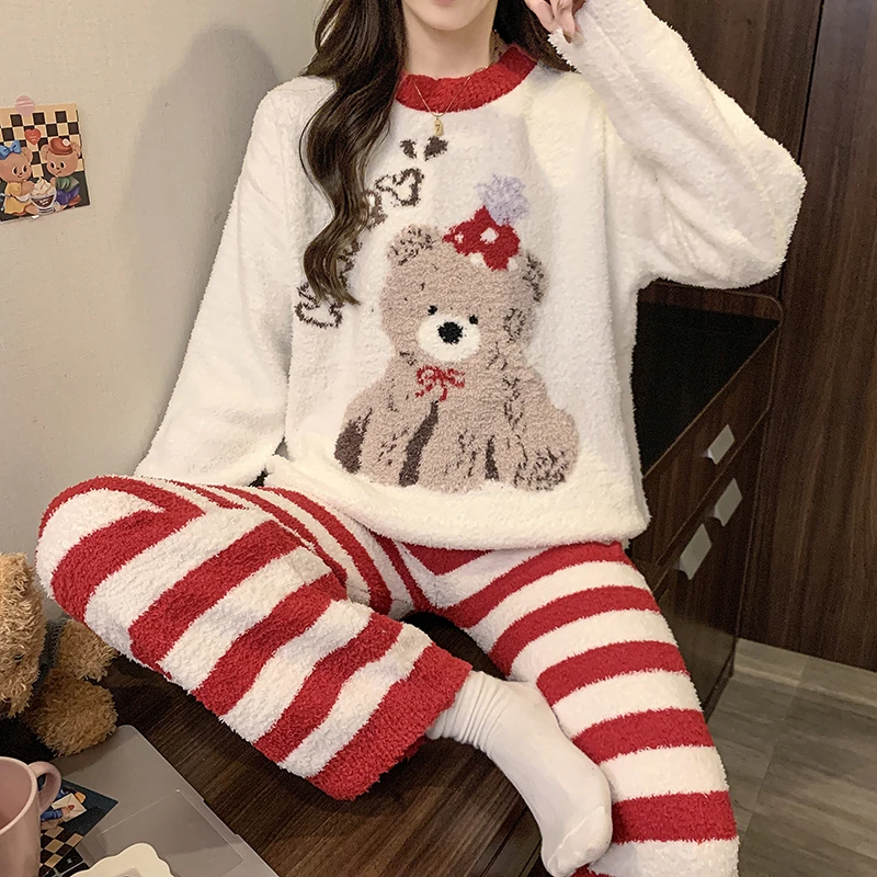 半边绒睡衣女生冬季新款加厚保暖圆领长袖长裤卡通可爱家居服套装