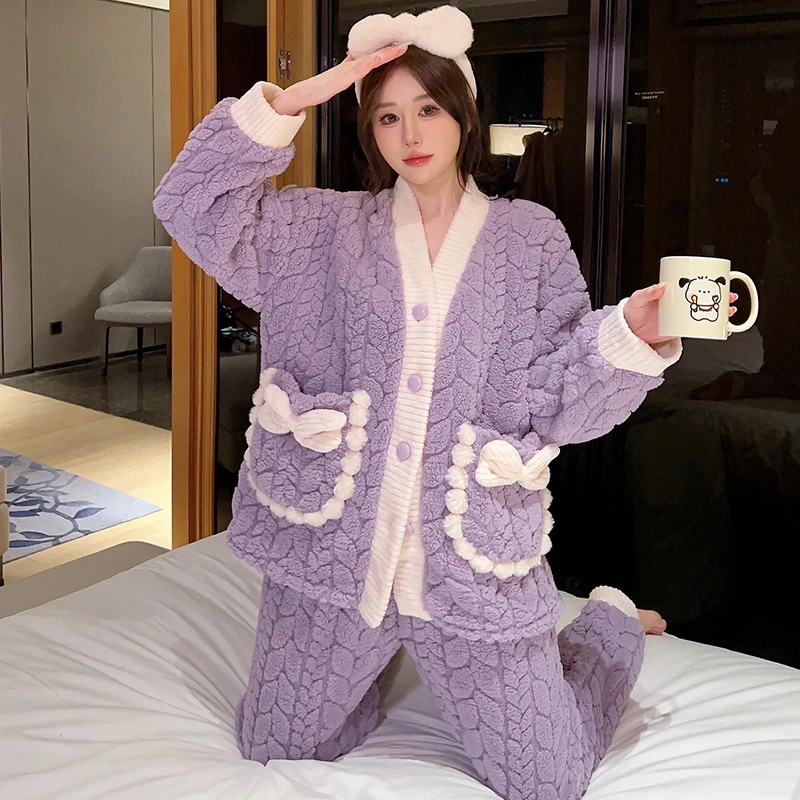 珊瑚绒睡衣女冬季加厚法兰绒胖妹妹加肥大码200斤宽松家居服保暖