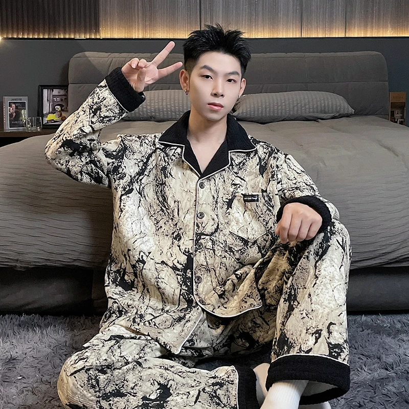 睡衣男士青少年秋冬季新款夹层空气棉高级感轻奢宽松加大码家居服