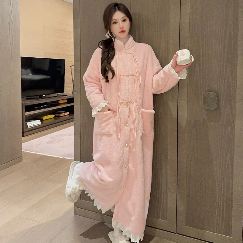 秋冬季新款睡衣裙女新中式立领加厚保暖半边绒连衣裙蕾丝边家居服