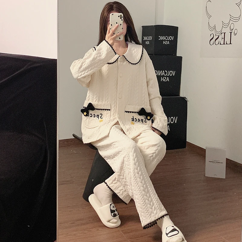 甜美公主风翻领开衫长袖睡衣女生秋冬季新款胖妹妹大码家居服套装