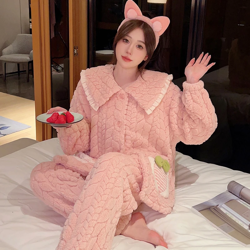 加大码加肥珊瑚绒睡衣女长袖秋冬胖mm200斤宽松法兰绒家居服套装