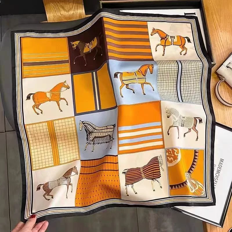 【橙黄骏马】宫丽65x65cm6A纯100桑蚕丝素绉缎气质丝巾方巾时尚