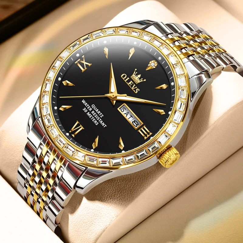 正品男士手表男款潮流时尚商务镶钻非机械双日历防水夜光石英男表