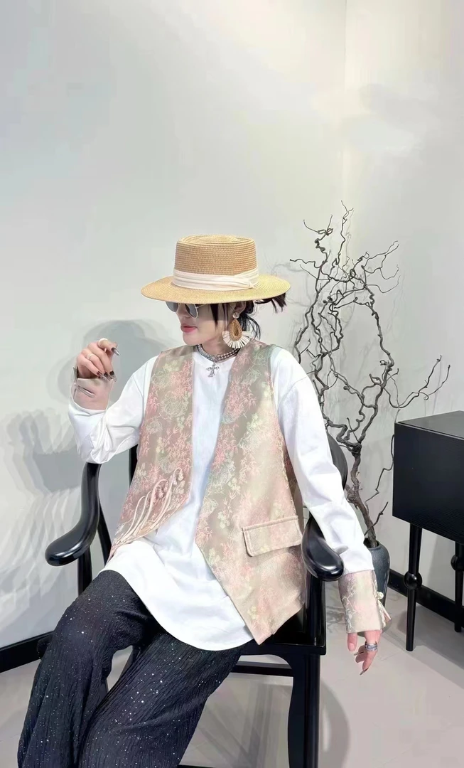 2链接牛仔休闲复古时尚秋季提花百搭马夹印花无袖潮流个性上衣