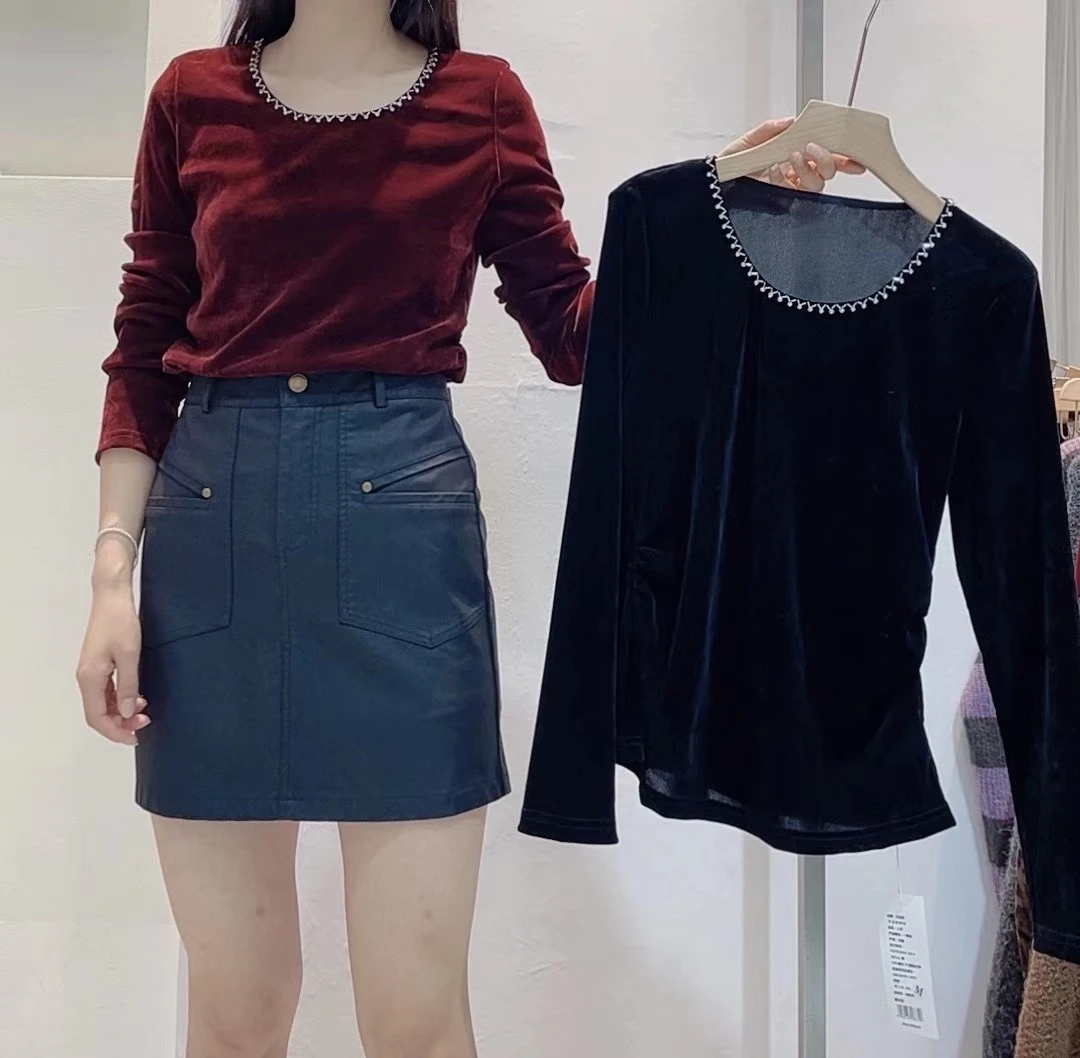 设计感钉珠圆领丝绒网纱褶皱长袖上衣