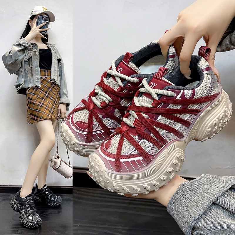 2024秋新款轮胎底轻奢百搭时尚厚底老爹鞋厚底网面轻便透气运动女