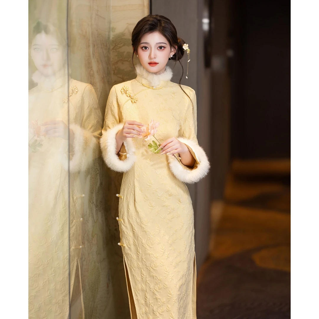 【鹅黄色】新中式改良旗袍2025新款年轻冬季加厚少女秋冬气质3726