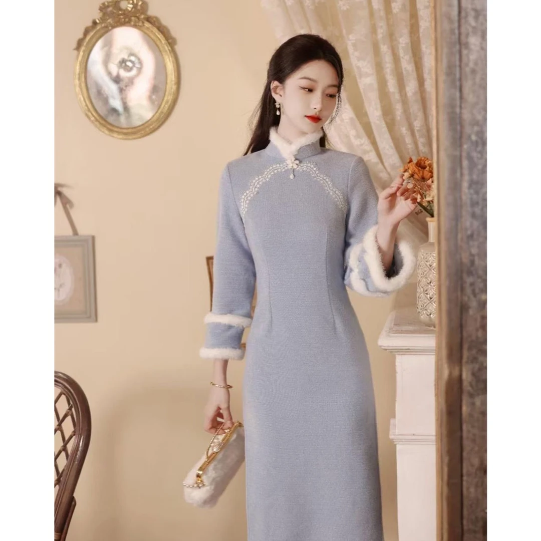 YG-2339 旗袍冬2023新中式冬季加厚中国风蓝色改良长袖日常国风