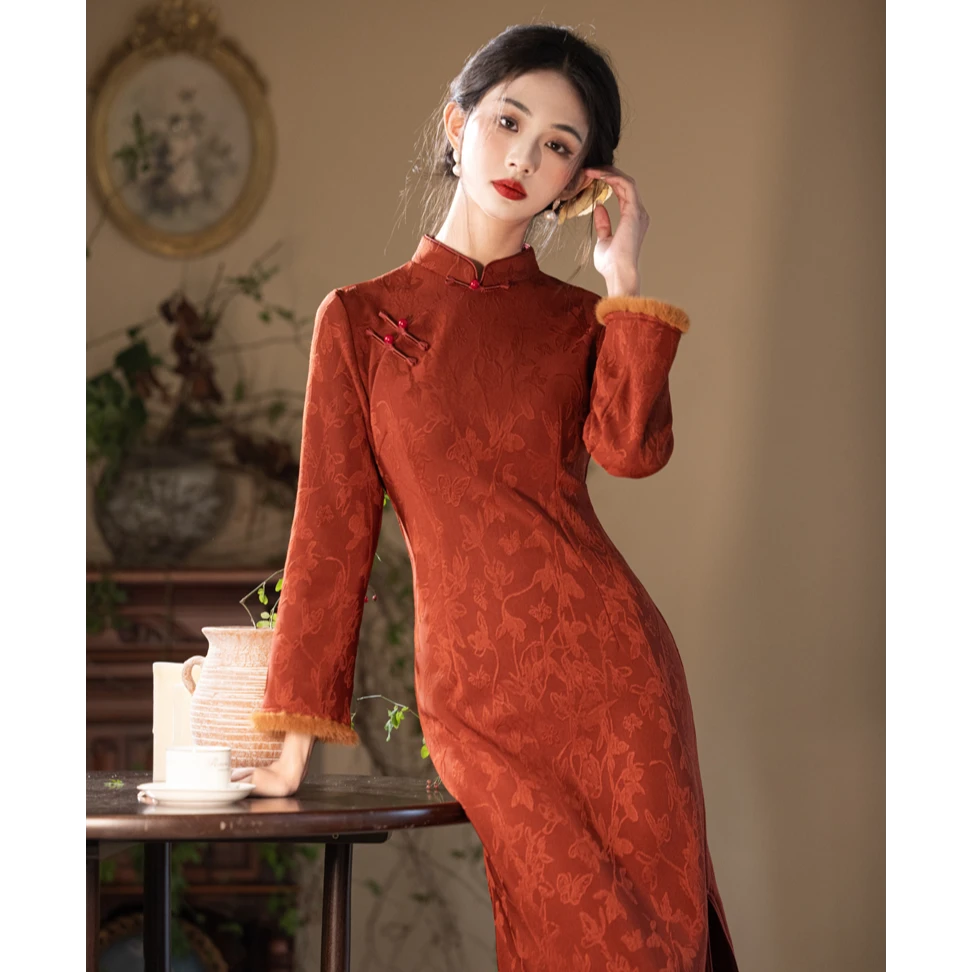 【碟梦】红色旗袍2024新款新中式秋冬季加绒订婚晚礼服年服3740