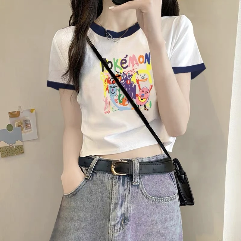 正肩t恤女拼接露脐短袖短款夏季高腰修身时尚涂鸦撞色甜辣上衣潮