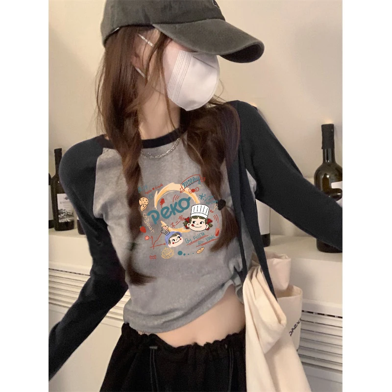 纯欲风卡通印花长袖T恤女秋冬新款百搭显瘦打底衫辣妹短款上衣