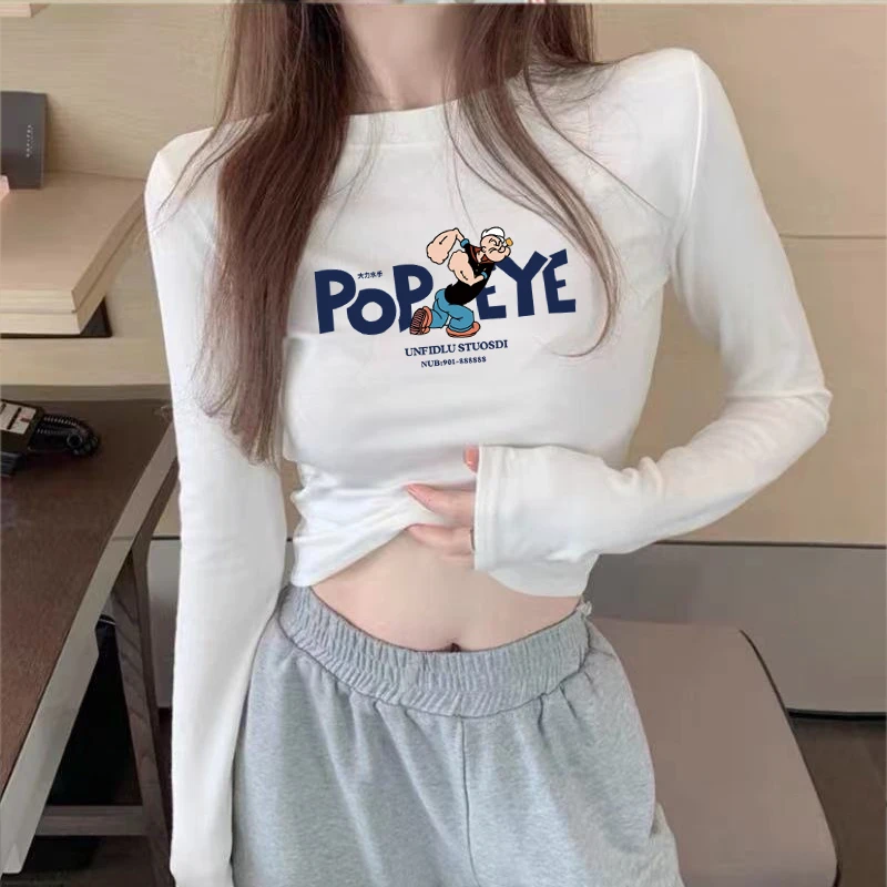 正肩高腰短款白色长袖t恤女2024秋冬新款修身显瘦打底衫短款上衣