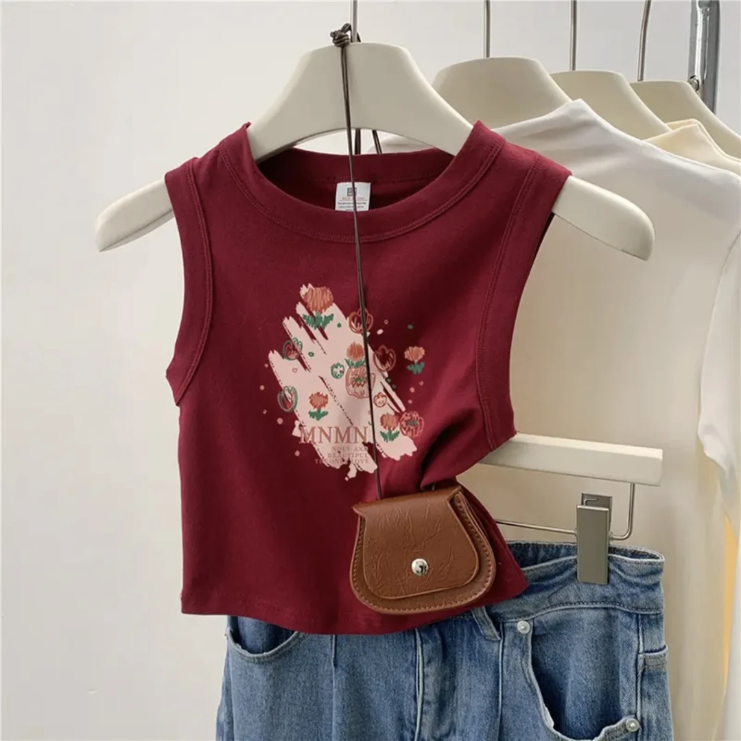 复古酒红色显瘦短款小背心女夏季外穿吊带小众修身无袖t恤衫上衣