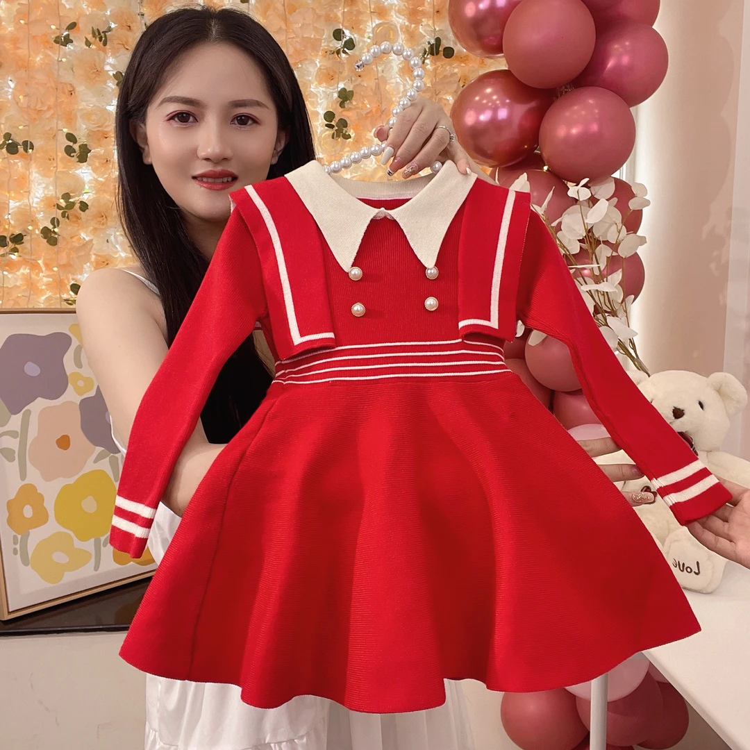 女童长袖连衣裙儿童学院风毛衣裙子女宝宝针织公主裙