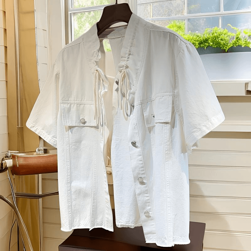 56619夏季休闲白色抽绳设计领口牛仔上衣短袖衬衣