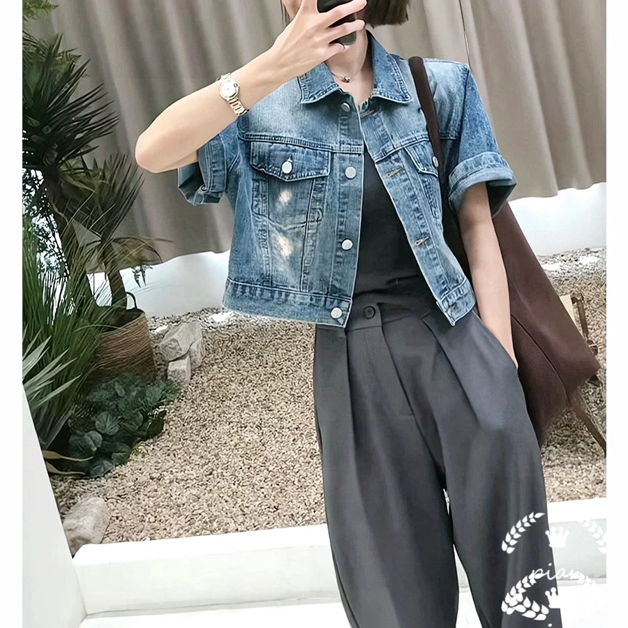 5711欧丁丁夏季磨破洋气百搭精神小妹小众时尚短款牛仔短袖外套