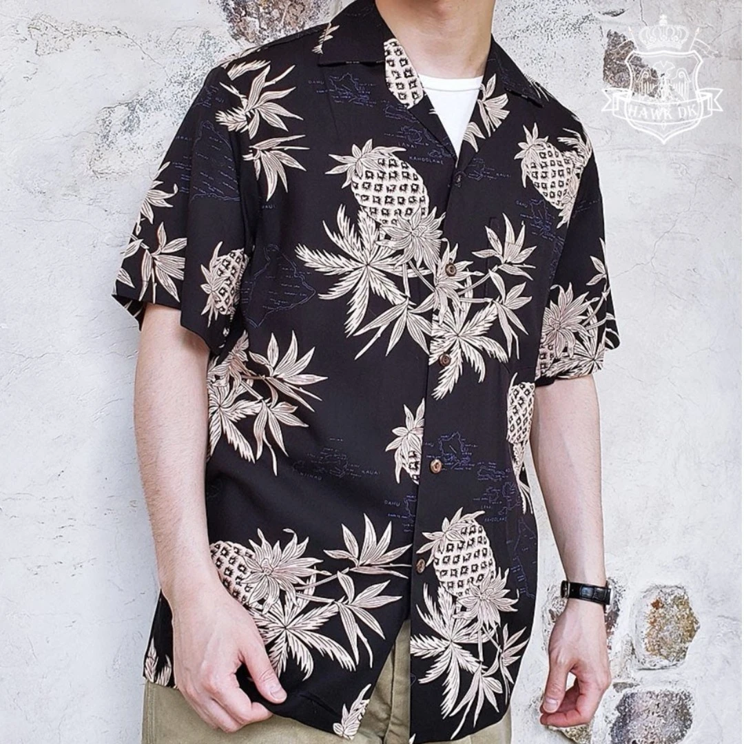 现货Two Palms美产黑色菠萝印花古巴领美式复古夏威夷衬衫人造丝