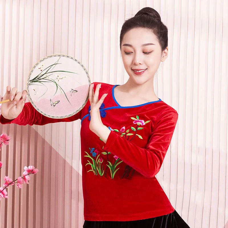 长袖舞蹈服新款广场舞服装金丝绒女拉丁古典舞跳舞练功上衣中老年
