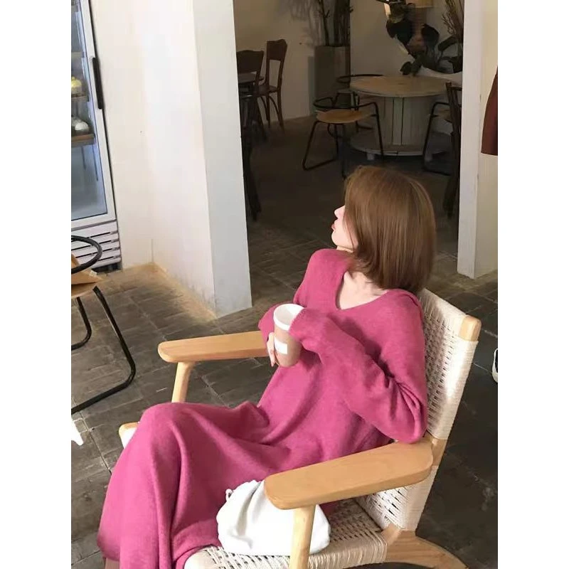 连帽针织连衣裙女秋冬内搭宽松慵懒风气质中长款过膝毛衣打底裙子