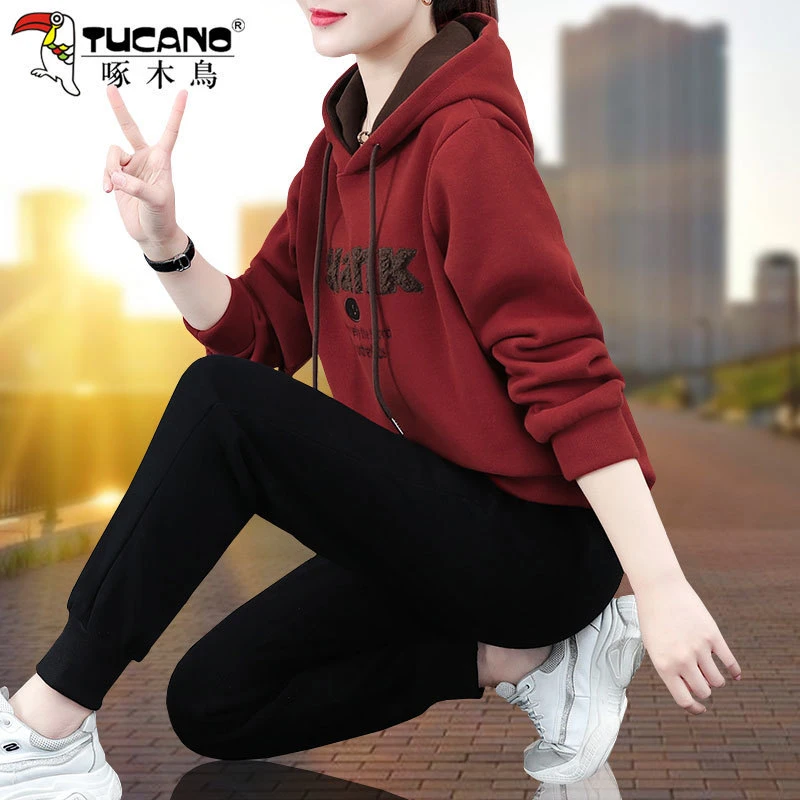 【官方品牌】啄木鳥加绒加厚卫衣运动套装女秋冬季2025年新款两件套