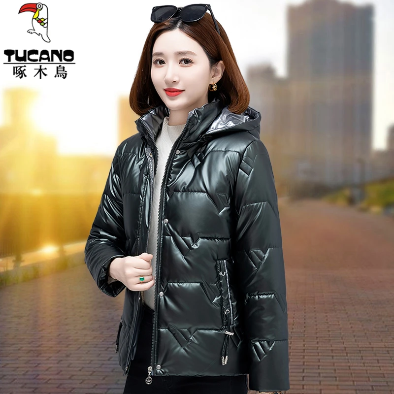 【官方品牌】啄木鳥亮面棉服女2025新款秋冬季加绒妈妈洋气外套棉衣