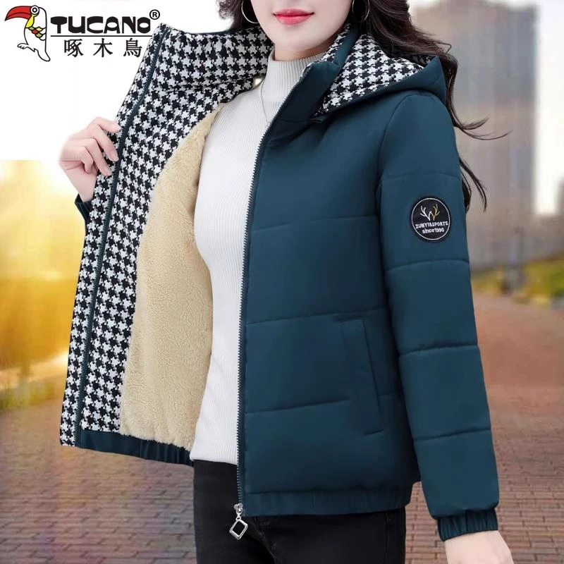 【官方品牌】啄木鳥短款棉衣女冬季2024新款小个子加厚保暖妈妈棉服