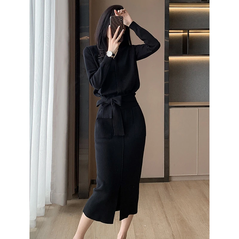 法式赫本风秋季新款针织套装高级感绑带秋冬毛衣开叉半身裙显瘦